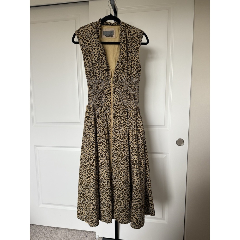 anthropologie Tommie Cap-Sleeve Smocked Front-Zip Midi Shirt Dress SZ S cheetah - Picture 5 of 5